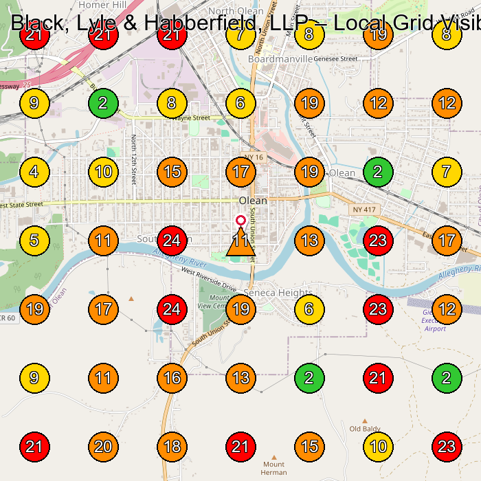Black, Lyle & Habberfield, LLP Personal Injury Attorney GeoGrid ranking map for Olean NY